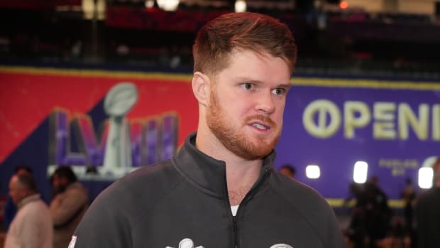 Feb 5, 2024; Las Vegas, NV, USA; San Francisco 49ers quarterback Sam Darnold (14) is interviewed during Super Bowl LVIII Opening Night at Allegiant Stadium.